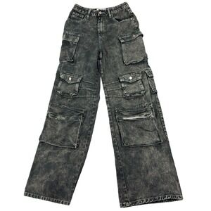 Fashion Nova Jeans Womens 7 Black Cargo Pants Wide Leg Baggy Skater Y2K Grunge